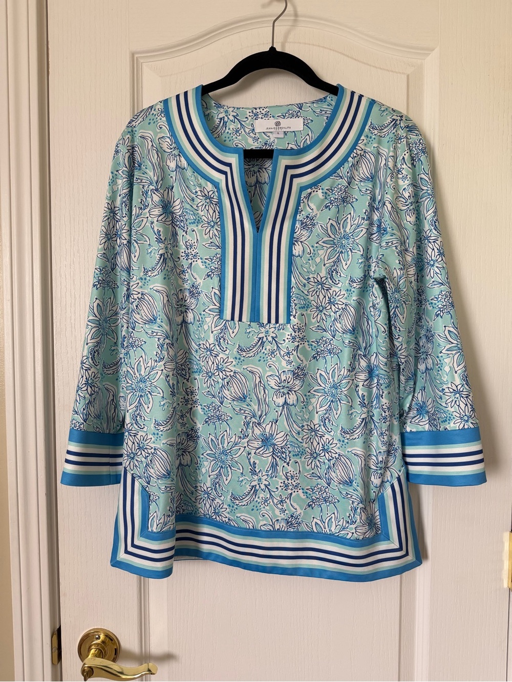 Jean-Pierre Klifa Paris Tunic Top Large Blue Floral Stripe 3/4 Sleeve